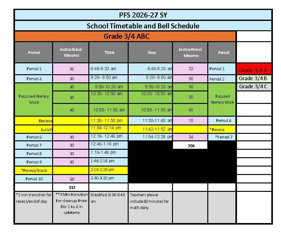 PFS Schedule Grade 3-4 | 2026-2027