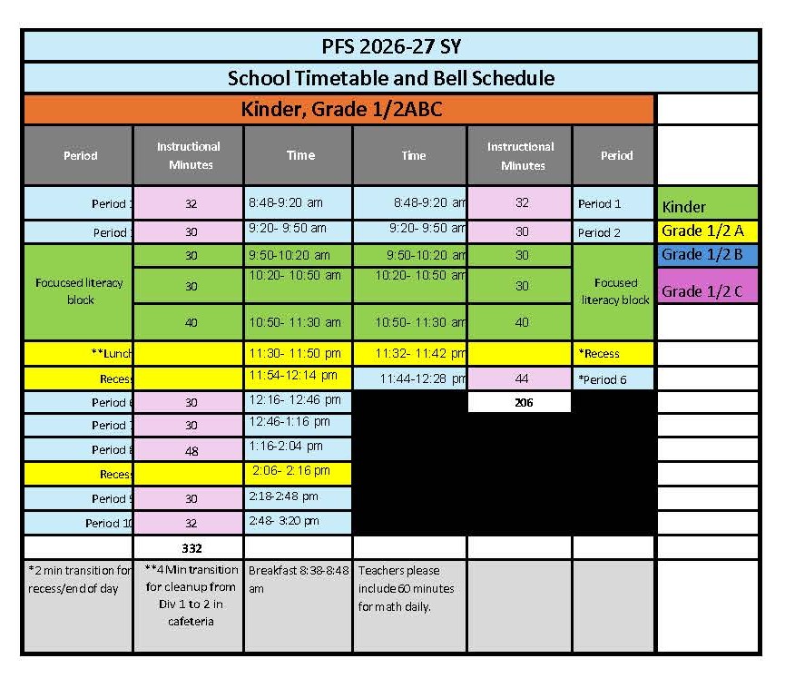 PFS Schedule Grade 1-2 | 2026-2027